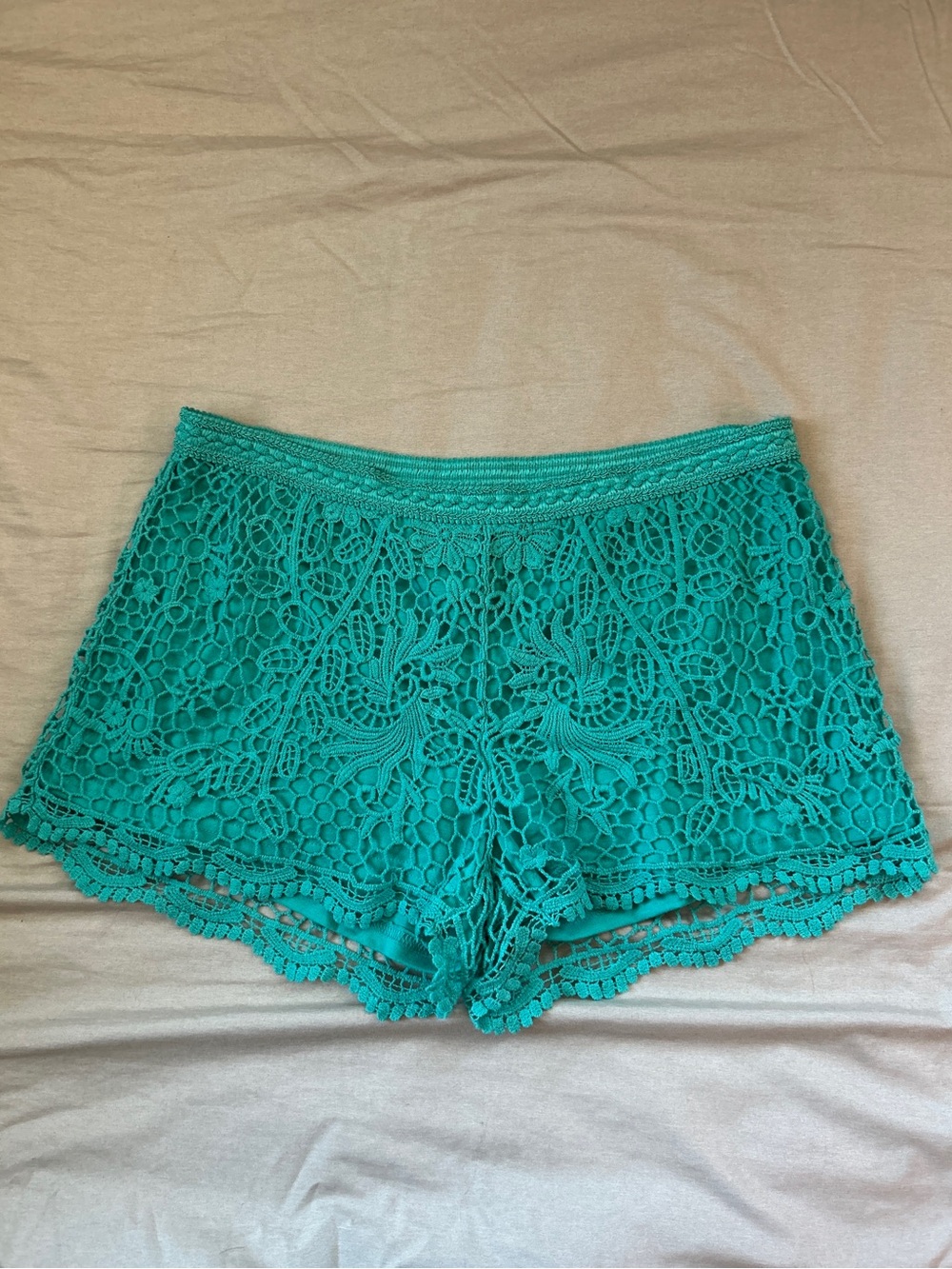 Lace Crochet Sleep Shorts in Teal